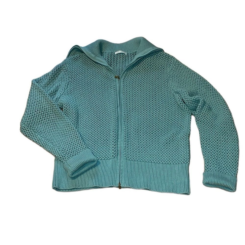 Crochet Cotton Zip Cardigan Zipper, blue, M/L